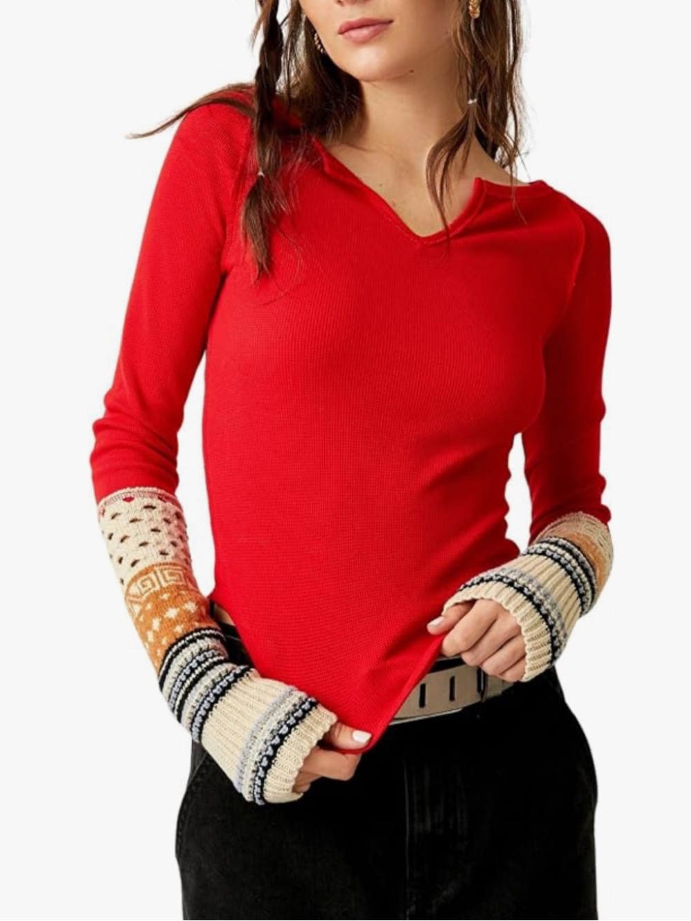 Red Long-Sleeve V-Neck Thermal Top with Patterned Cuffs